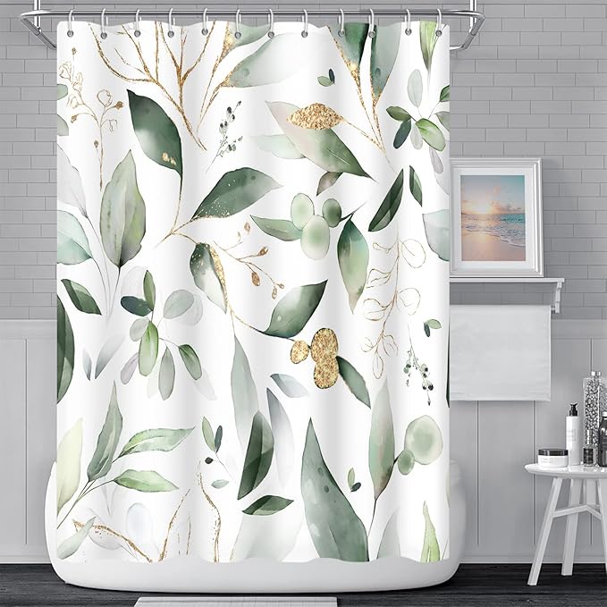 Abstract Eucalyptus Leaves Shower Curtains Sage Green Gold Branches Leaf Nature for Bathroom Farmhouse Style Home Decor Waterproof Polyester Fabric Shower Curtain with Hooks, 48x72 Inch