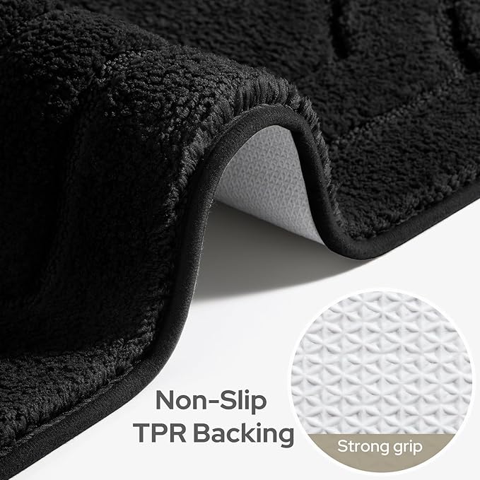 HOMEIDEAS Bathroom Rugs Sets 2 Piece, Extra Soft and Absorbent Microfiber Plush Bath Mat with Non Slip Backing(Black)