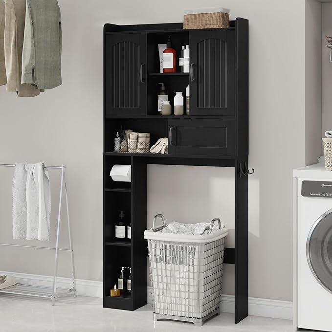 Vabches Farmhouse Over The Toilet Storage Cabinet with 2 Barn Doors & Sliding Door, Over The Toilet Bathroom Organizer with Open Storage Layer and Adjustable Shelves & Hooks.Black