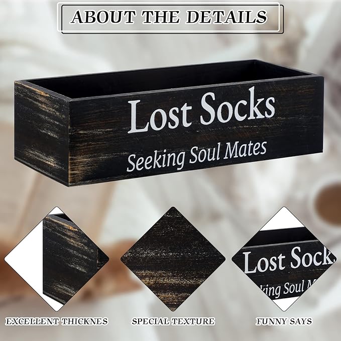 Farmhouse Missing Sock Basket - Wooden Laundry Room Organization - Rustic Farmhouse Decor - Funny Lost Socks Sign (Black, 9.4 x 3.94 x 2.36'')
