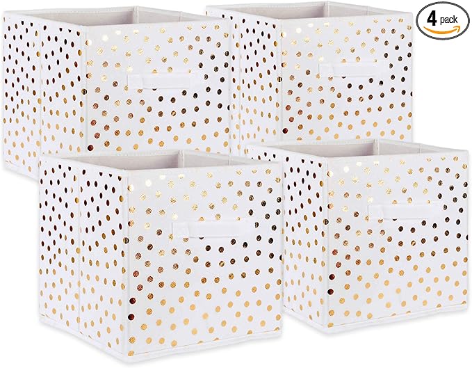 DII Non Woven Polyester Storage Bin, Polka Dot, White & Gold, Small Set of 4