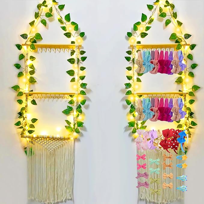 Bow Holder for Girls Hair Bows, Headband Holder for Girls, Hair Accessories Organizer Wall Hanging Organizer With LED String for Toddler