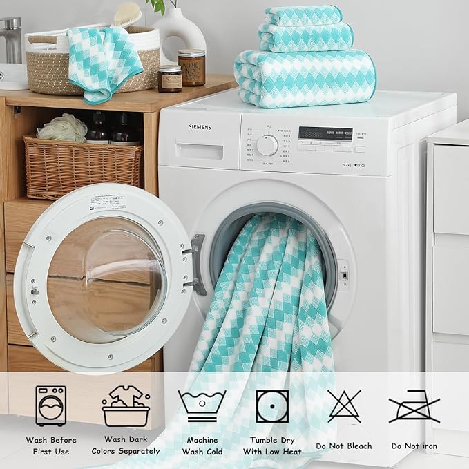 12 Pcs Aqua White Diamond Towel Set-4 Bath Towels,4 Hand Towels,4 Washcloths Soft Polyester Towels with Loop Absorbent Shower Towel Quick Dry Beach Chair Towel Family Towels for Bathroom Spa Gym Pool