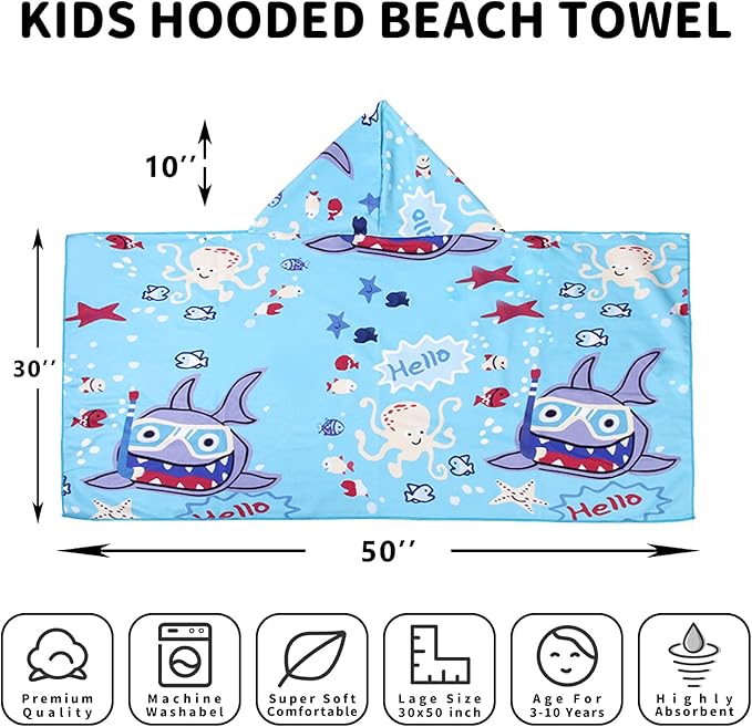 Hooded Beach Towel, Microfiber Hooded Beach Towel For Kids Toddler Infant Boy Girl, Beach Towel with Hood For Bath Pool Swim Swimwear Summer Beach Essentials Cartoon Shower Gifts (24x50 Inch, Shark)
