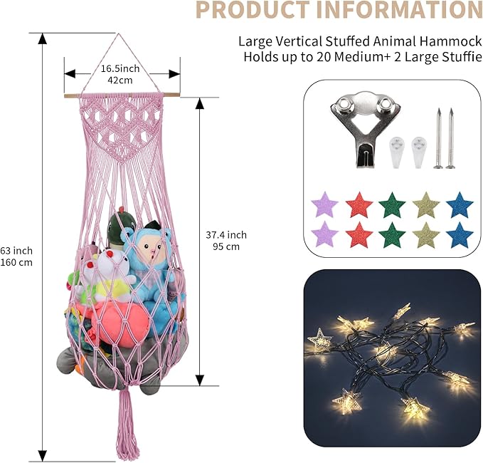 Stuffed Animal Hammock Corner, 63 Inch Jumbo Macrame Ceiling Toys Net, Light Pink Wall Hanging Organizer Holder Plush Storage Display Net with Led Light for Nursery Playroom Kid Room Decor Gift