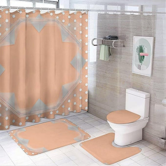4 Piece Bathroom Rug Set with Shower Curtain, Non-Slip Bath Mat Toilet Cover Set, Irregularities Bathroom Rug Sets