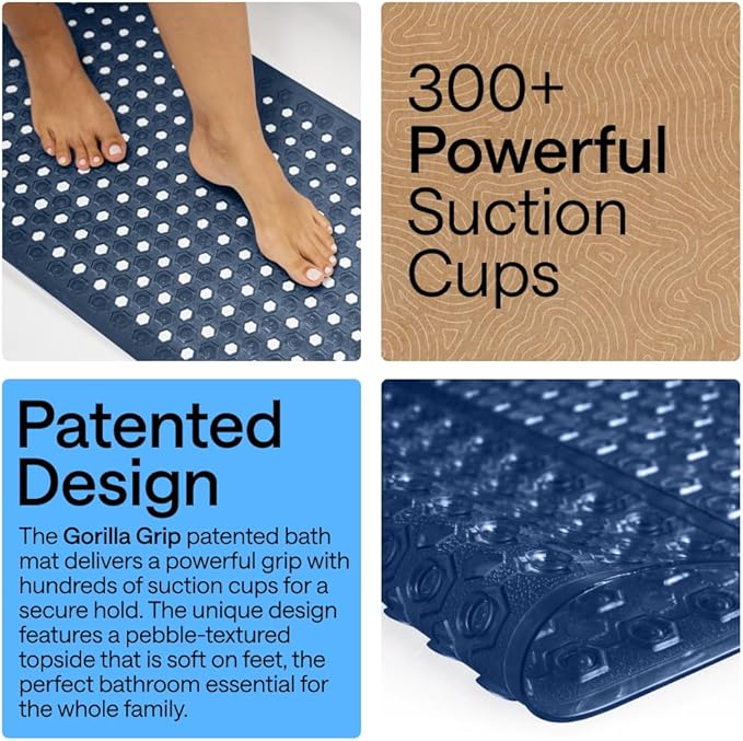 GORILLA GRIP Patented Bath Tub Shower Mat, Machine Washable Bathtub Floor Liner Mats, Suction Cups and Drain Holes to Keep Tubs Clean, Soft on Feet, Bathroom Essentials, 35x16 Inch, Clear Navy