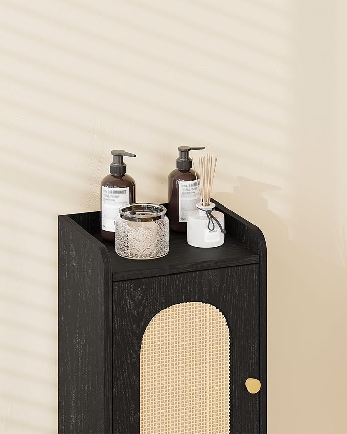 Bathroom Storage Cabinet, Small Corner Floor Cabinet with 2 Doors and Adjustable Shelf, Narrow Toilet Paper Cabinets, Bathroom Organizer for Small Spaces, 7.9" D x 9.8" W x 29.5" Rattan Black