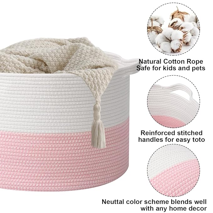 115L Large Blanket Basket,23.6" L x 23.6" W x 15.7" H Rope Woven Baskets with Handles, Toys Storage Bins,Laundry Basket Perfect for Living Room, Nursery,Bedroom,Home Organization,White&Pink