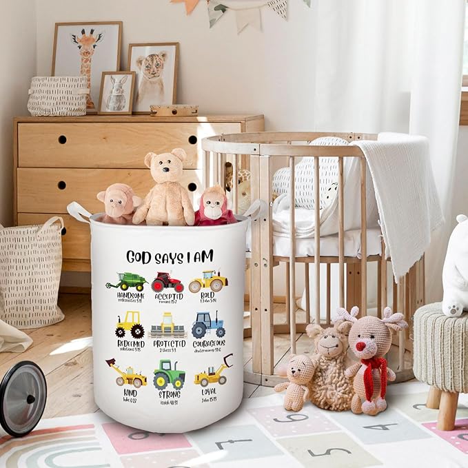 God Says I Am Construction Kids Laundry Basket, Toybox for Boys Room, Christian Laundry Basket Hamper Waterproof Collapsible Clothes Toys Storage Bin Organizer for Bedroom Bathroom Boys Room