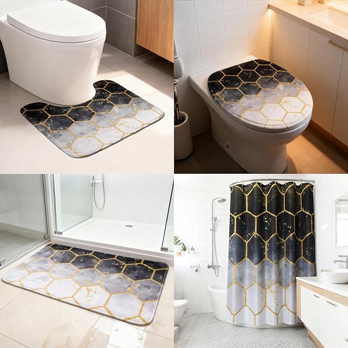 25 Pieces Bathroom Set Black and Gold Bathroom Accessories Set, Shower Curtain and Rugs, Trash Can, Toilet Brush, Soap Dispenser, Soap Dish, Toothbrush Holder, Tumbler, Tray, Qtip Holder