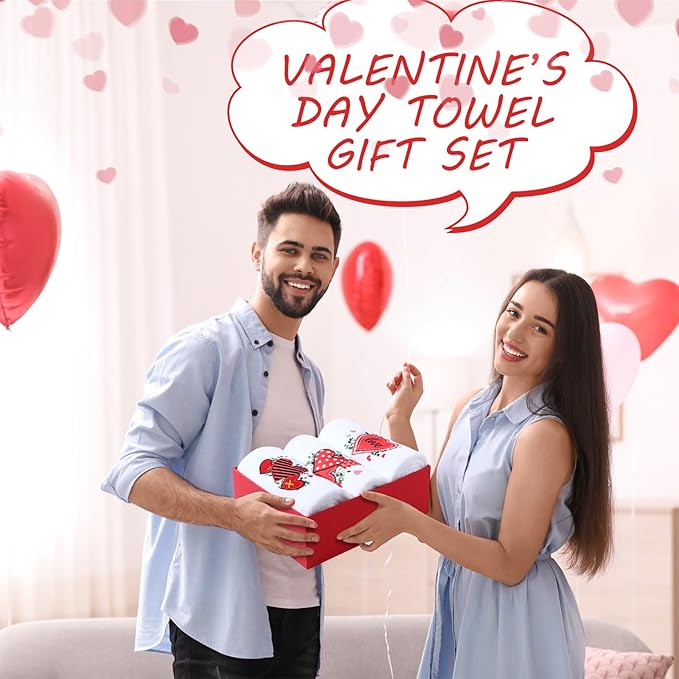 3 Pack Valentine's Day Bath Hand Towels Embroidered 100% Cotton 13.7 x 29.5 in Valentines Red Heart Love Bathroom Kitchen Decorations Valentines Day Dish Towel Gift Set(White,Eucalyptus)