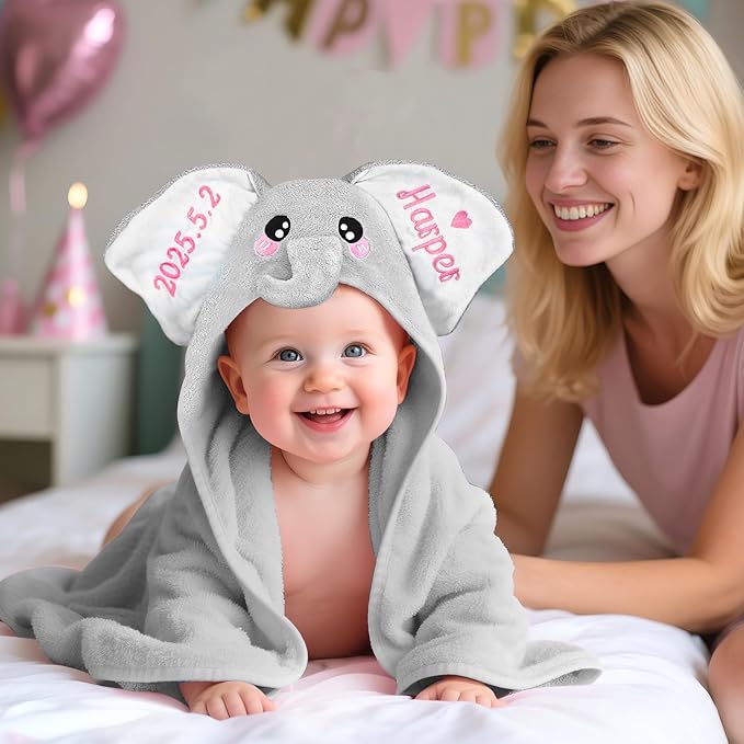 Baosity Custom Hooded Baby Towel with Name, Personalized Soft Absorbent Elephant Bath Towel, Shower Towels for Girls Boys, Easter Brithday for Kids Baby, Toddler, Newborn Essential