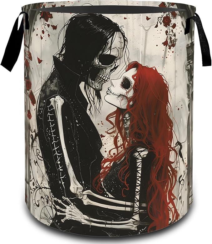 Gothic Skeleton Lovers Rose Laundry Basket, Dirty Collapsible Clothes Toy Organizer Hamper for Kids Adults, Oxford Cloth Waterproof Storage Bin for Bathroom Halloween Decor Gifts, 19.7"X15.7"