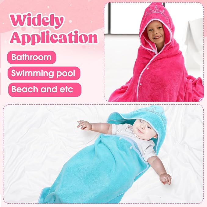 2 Pcs Princess Bath Towel for Baby Toddler Oversized Absorbent Soft Hooded Bath Beach Towel for Kids Girls up to 10 Years,Thick Cozy Full Coverage,Pink and Blue