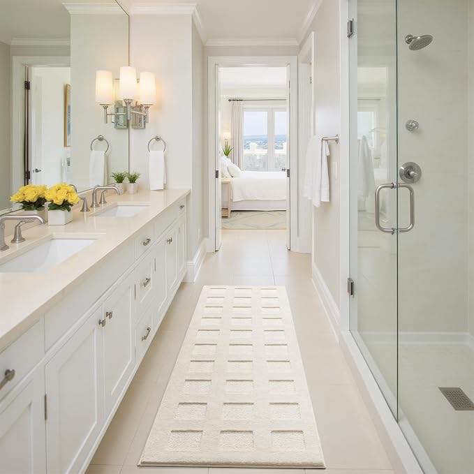 GRANNY SAYS Long Bathroom Rugs Non Slip Washable, Extra Soft & Water Absorbent Bath Mats for Bathroom, Plush Shaggy Bath Carpet, White Waffle Bath Mat Quick Dry for Shower 71" x 24" Bath Runner Rug