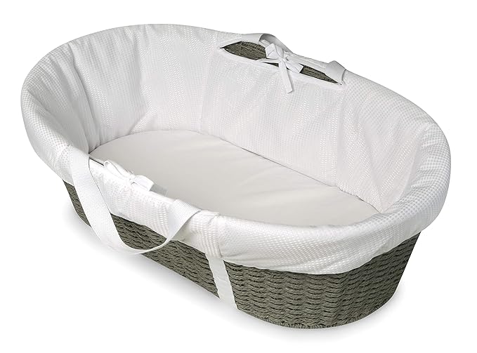 Badger Basket Woven Moses Changing Basket - Portable Baby Diaper Station with Pad, Liner, and Cover - Lightweight Newborn Changing Basket for Home or Travel - Cool Gray/White