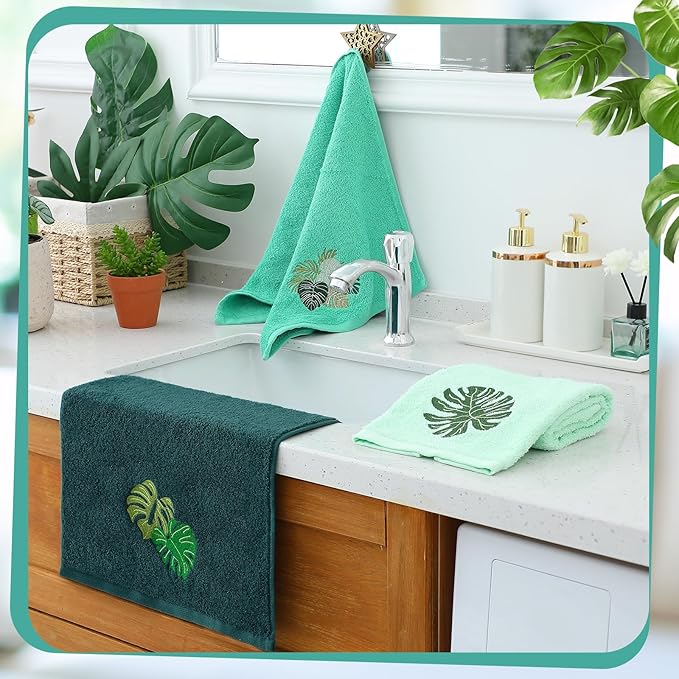 3 Pack Tropical Palm Leaves Hand Towels for Bathroom 100% Cotton Embroidered Bathroom Towels 13.78 x 29.53 Inch Beach Hand Towels Absorbent Soft Cotton Towel(Green,Monstera Leaves)
