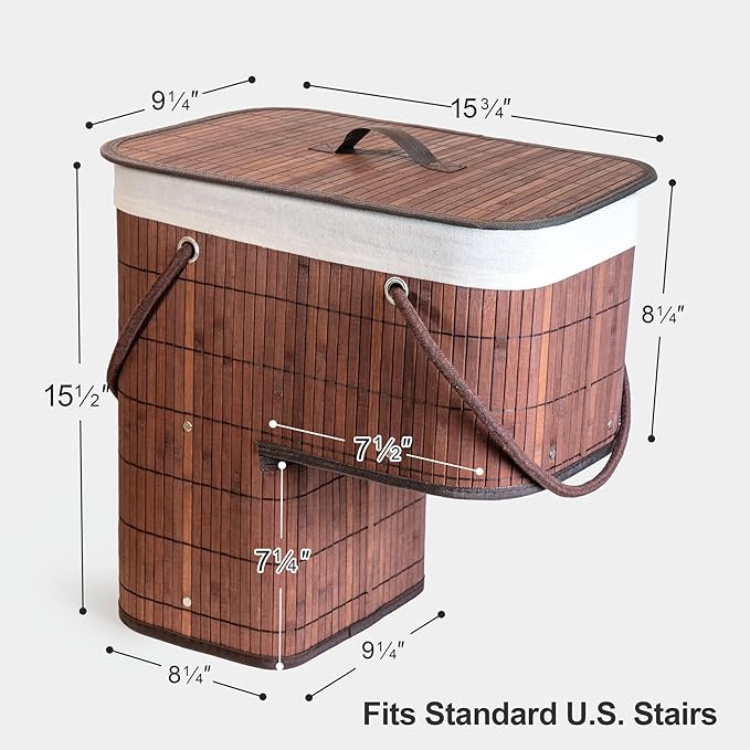 Stair Basket with Lid & Handle – Staircase Storage Basket for Wooden & Carpeted Stairs, Foldable Step Baskets for Stairs, Bamboo Storage Bin Organizer for Toys, shoes & Books (Brown)