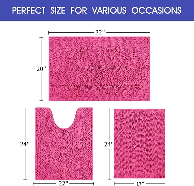 ACCUMTEK Christmas Striped Hot Pink Bathroom Rug Set 3 Pieces Ultra Soft, Non Slip Chenille Toilet Mat, Absorbent Plush Shaggy Bath Mats for Bathroom, Bedroom, Kitchen, Peach