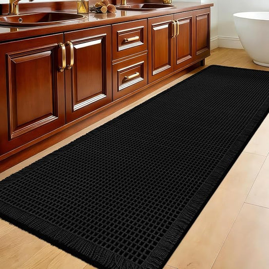 Accumtek Extra Large Waffle Bath Mat, 6'x2' Black, Super Absorbent Non-Slip Quick Dry Bathroom Rugs with Tassels, Machine Washable Ultra Soft Boho Bath Rugs for Floor, Toilet Mats Boho Farmhouse Decor