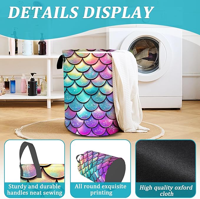 Mermaid Scale Laundry Basket, Glitter Rainbow Laundry HamperFoldable Waterproof Funny Tote Bag Dirty Clothes Storage Bucket Toy Organizer for Bathroom/Laundry/Bedroom 15.7"x19.6"