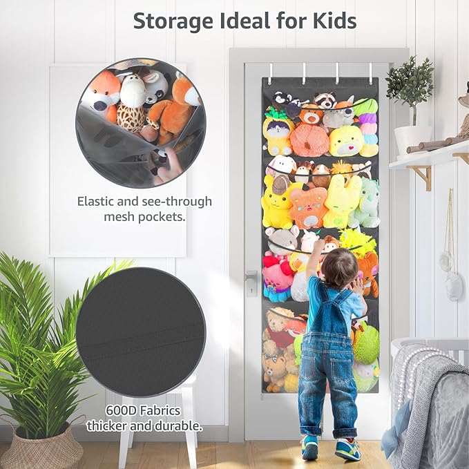 Hanging Stuffed Animal Storage, Over Door Large Plush Toy Organizer with Metal Hook, Baby Accessory Holder Idea for Nursery, Doll & Bear Mesh Hammock Bag for Girl Boy Kid Room