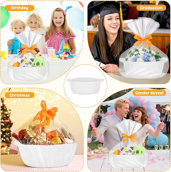 Small Woven Basket with Gift Bags and Ribbons, Durable Baskets for Gifts Empty, Rope Basket for Storage Baby Toy Baskets with Handles, White