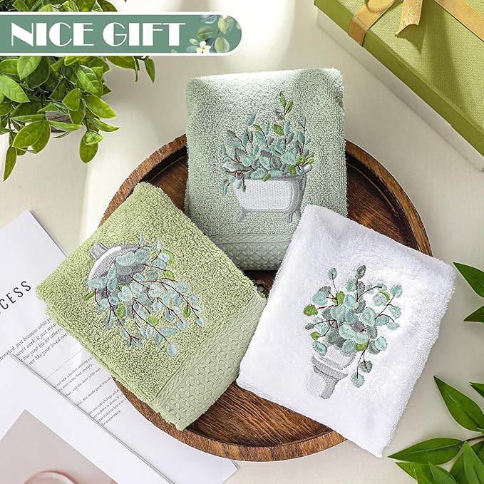 3 Pcs Eucalyptus Hand Towels Farmhouse Embroidered Botanical Bathroom Decor 13.3x29.5 Inch Farmhouse 100% Cotton Decorative Green Leaves Hand Towels for Bathroom Kitchen