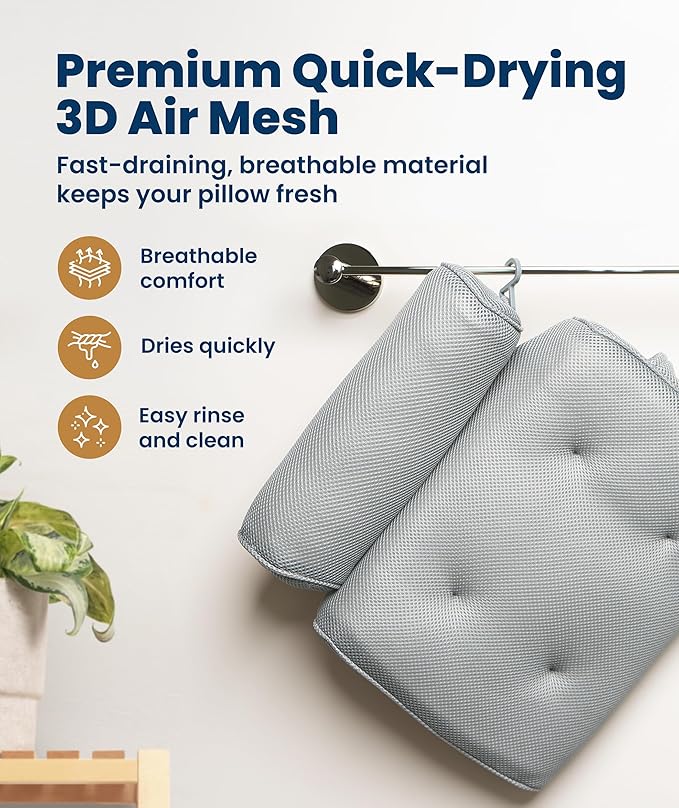 Everlasting Comfort Luxury Bath Pillow for Tub with Head & Neck Support – Non-Slip Bathtub Pillow with Suction Cups, Quick-Dry Mesh & Hook, Spa Accessory – Gray (Pack of 2)