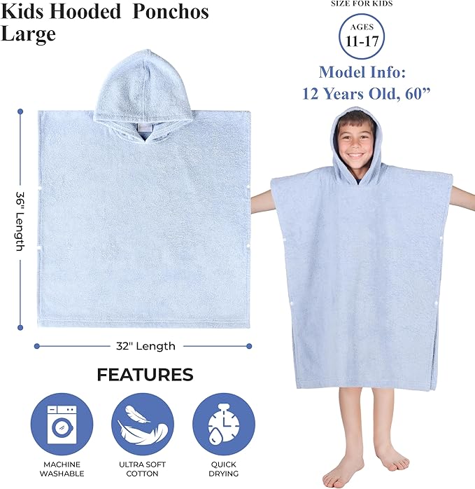 Superior Kids Cotton Terry Poncho, Soft, Absorbent Bath Towel with Hood, Bathroom Accessories, Long, Plush Bathrobes for Bath, Shower, Spa, Resort, Hotel, Beach, Pool, Boy, Girl, Large Size, Blue