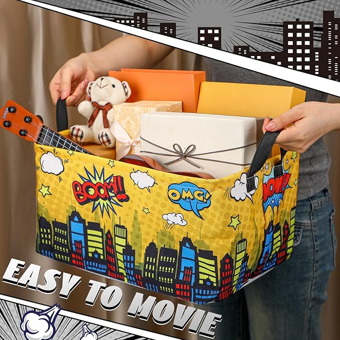 Maxdot 3 Pack Hero Comic Book Storage Themed Basket Large Gifts for Laundry Hamper Basket for Kids Room Nursery Collapsible Toy Clothes Storage Collection Bin(City,Rectangle)