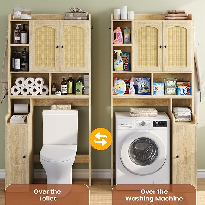 Itaar Over The Toilet Storage Cabinet, Farmhouse Rattan Bathroom Cabinet, Over Toilet Bathroom Organizer with Rattan Barn Doors & Toilet Paper Holder Stand, for Restroom, Laundry
