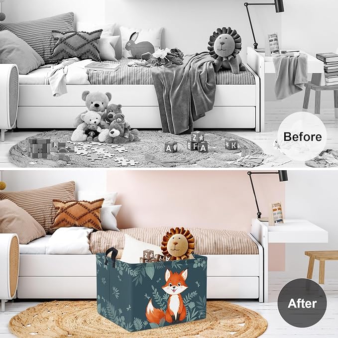 Clastyle Cute Woodland Animal Laundry Basket Kids Clothes Book Storage Basket Gift Toy Box for Bedroom Decor,Fox,40x30x30 cm