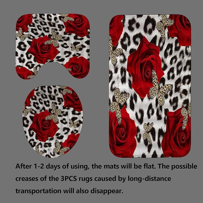 4PCS/Set Black and White Leopard Print Shower curtain Romantic Red Rose Safari Animal Skin Fur Valentine's Day Fashion Bathroom Decor Non-slip Bath Rug Cheetah Print Gifts for Women, Butterfly
