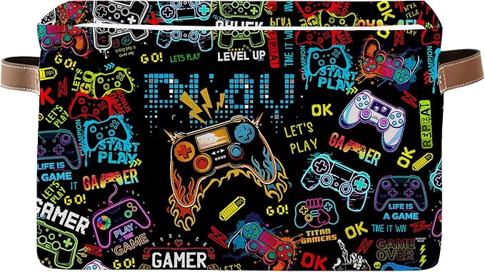 Gamer Storage Basket - Video Game Themed Collapsible Bin with Handles - Cool Controller Print Organizer for Gaming Room, Accessories and Collectibles - Gamer Gifts for Men and Boys