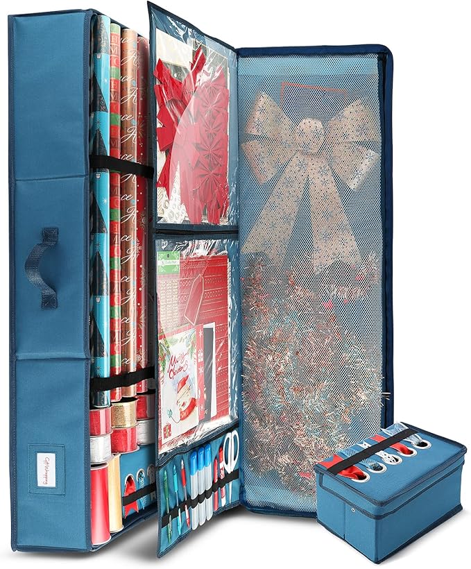 Hearth & Harbor Wrapping Paper Storage Container - Christmas Storage Bag with Ribbon Dispenser and Interior Pockets - Gift Wrap Organizer Fits Up to 26 Rolls of 40" Length, Blue