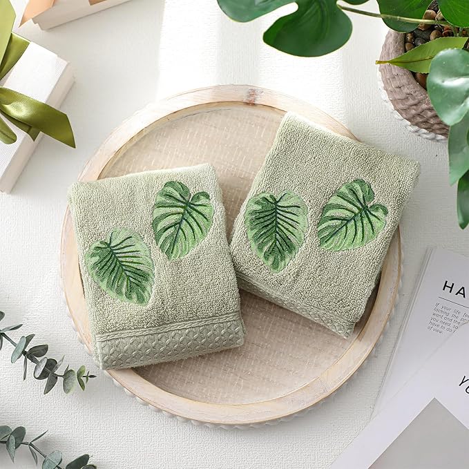 2 Pcs Tropical Palm Leaves Hand Towels Gray Green Bathroom Decor 14x29 Inch Embroidered 100% Cotton Soft Absorbent Spring Summer Washcloths Decorative Hand Towels for Bathroom Kitchen