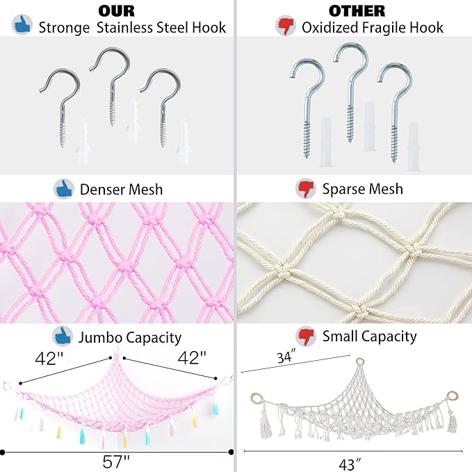 Stuffed Animal Net or Hammock with Light,Yewiwin Macrame Hanging Net Hammock for Stuffed Animal Toy Storage Organizer Boho Decor Room Holder for Nursery Play Room Bedroom (Pink)