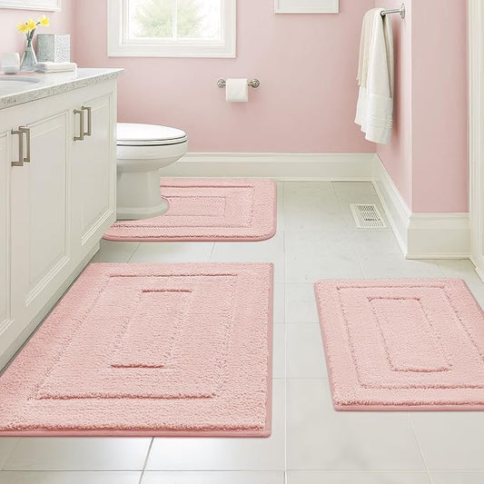 GRANNY SAYS Bathroom Rugs Sets 3 Piece, Soft Absorbent Microfiber Bath Mats for Bathroom Non Slip Washable, U-Shaped Toilet Bath Rugs for Tub Shower (Pink, 16" x 24" + 20" x 32" + U Shaped 20" x 24")