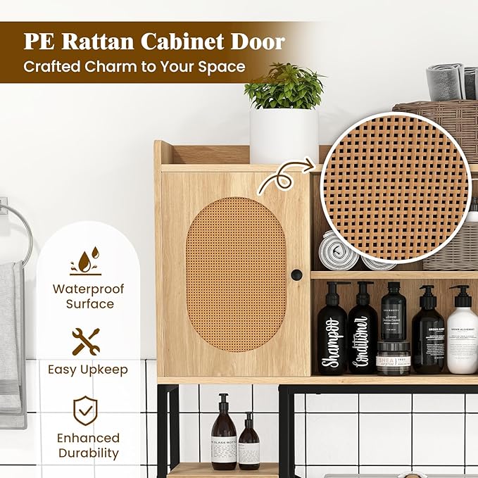 Giantex Over The Toilet Storage Cabinet with Rattan Door, Freestanding Space Saver Rack Above Toilet with Metal Stand, Adjustable Shelf, Over Toilet Bathroom Organizer for Restroom, Laundry