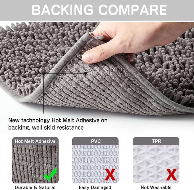 Gray Chenille Bathroom Rug 17"x24" Inch - Non Slip Absorbent Bath Mat for Shower, Quick Dry Machine Washable Floor Mats, Soft Plush