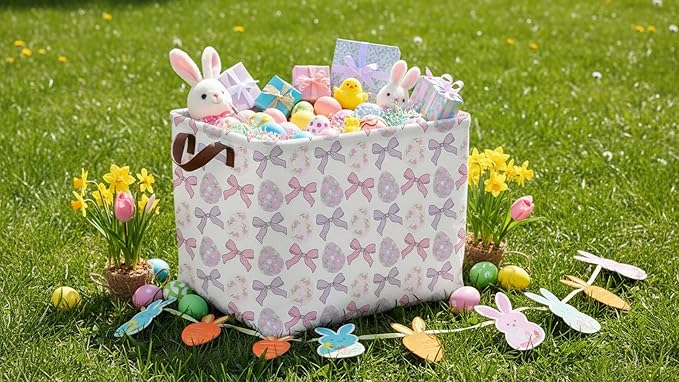 Rectangle Easter Basket Empty,Easter Gift Bakset for Kids,Easter Basket for Egg Hunting,Toys Bin with Handles,Room Decor(Bowknot Easter Basket)