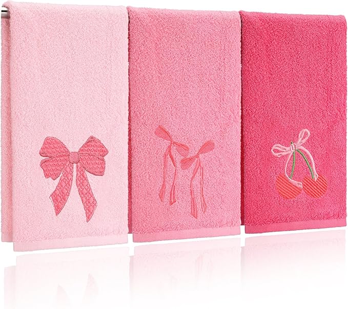 3 Pcs Pink Hand Towels for Bathroom Coquette Bow Embroidered Decorative Towel 100% Cotton Soft Absorbent Kitchen Facecloth Preppy Bathroom Decor Bridal Shower Wedding Gift 13.7 x 29.5''