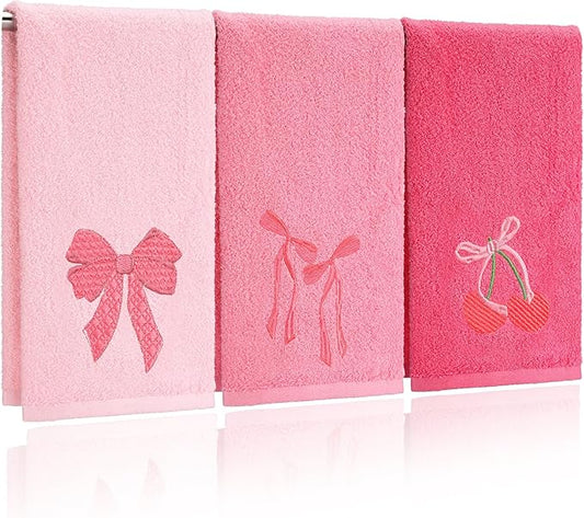 3 Pcs Pink Hand Towels for Bathroom Coquette Bow Embroidered Decorative Towel 100% Cotton Soft Absorbent Kitchen Facecloth Preppy Bathroom Decor Bridal Shower Wedding Gift 13.7 x 29.5''