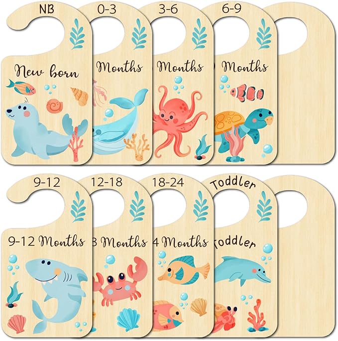CRASPIRE 10Pcs Ocean Animal Wood Baby Wardrobe Dividers Clothes Size Dividers Closet Organizers Nursery Decor from Newborn to 36 Month Hanger Baby Infant Wardrobe Divider for Newborn Baby Shower