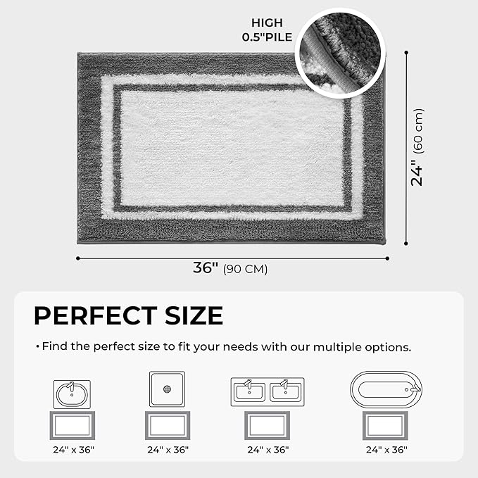 GRANNY SAYS Microfiber Bathroom Rugs Non Slip Washable, Water Absorbent Bathroom Mats for Tub, Soft Bath Mats for Bath Floor & Shower, 24" x 36", Deep Grey Bath Rugs