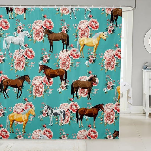 Horse Shower Curtain, Retro Floral Horse Bath Curtain For Girls Kids Boys, Galloping Horse Farm Animal Horse Gifts Curtain For Women Men, Cowboy Cowgirls Shower Curtain, Green Teal 72" W x 84" L