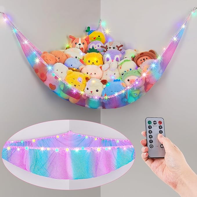 Basumee Stuffed Animals Net or Hammock with LED Light Hanging Toy Net Hammock for Stuffed Animals Storage Stuff Animals Hammocks for Nursery Room with Remote Control, 8 Kinds of Lights(Pack of 1)