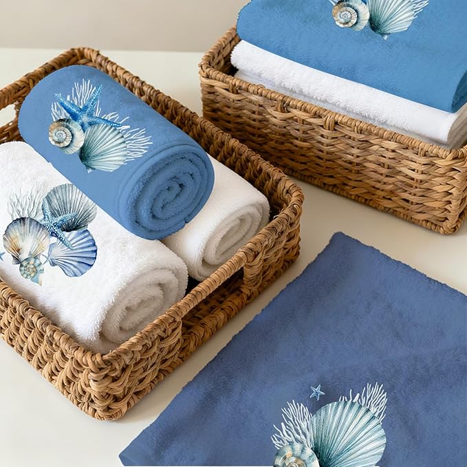 4 Pcs Ocean Hand Towels for Bathroom Shells Hand Towels Blue Embroidered Towel Coastal Bath Towel Decorative Set Bathroom Decor Bath Shower Farmhouse Decor Housewarming Gift Shell Home Essentials